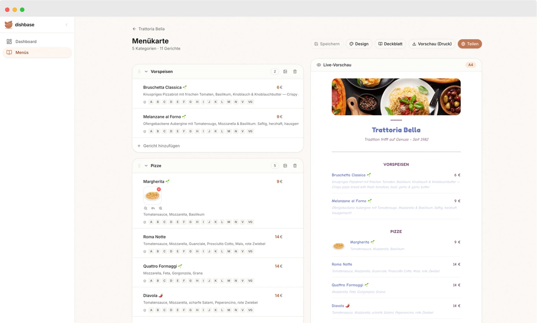 dishbase – Speisekarten-Editor mit Live-Vorschau